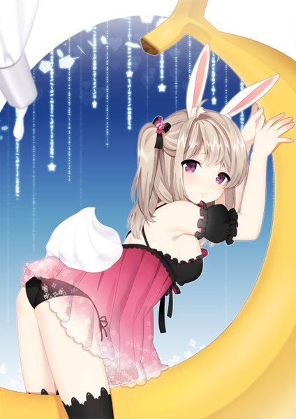 Anime picture 1000x1414 with original nacsi (amo) long hair tall image looking at viewer breasts light erotic purple eyes animal ears ass grey hair bunny ears bunny girl girl underwear panties frills nightie cream inflatable toy