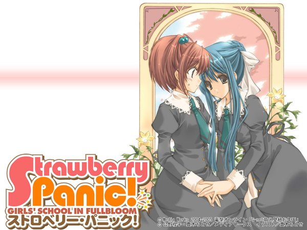 Anime picture 1024x768 with strawberry panic madhouse aoi nagisa suzumi tamao long hair blush multiple girls blue hair girl flower (flowers) 2 girls necktie