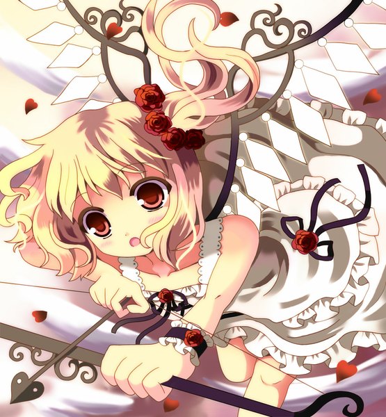 Anime picture 1025x1107 with touhou flandre scarlet hazakura satsuki single tall image blush short hair open mouth blonde hair red eyes alternate costume girl wings heart sundress bow (weapon) arrow (arrows)