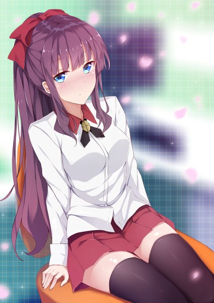 Anime picture 2480x3507 with new game! doga kobo takimoto hifumi lzl j single long hair tall image looking at viewer blush fringe highres blue eyes sitting payot purple hair ponytail blunt bangs long sleeves from above zettai ryouiki