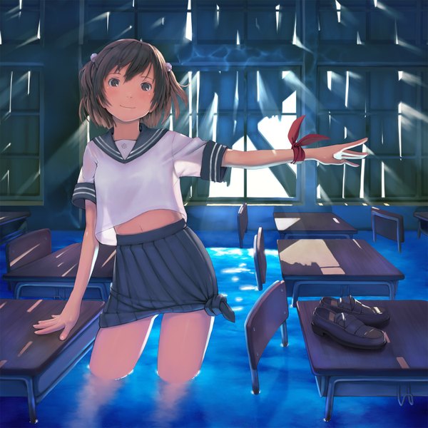 Anime picture 1500x1500 with shizuma yoshinori single short hair black hair smile black eyes classroom girl skirt water serafuku shoes table sailor suit