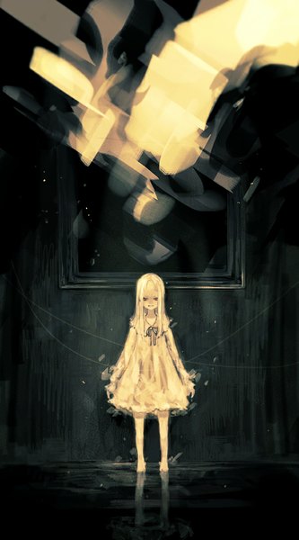 Anime picture 600x1080 with sound horizon elysion minato.666 single long hair tall image red eyes white hair barefoot reflection girl dress bowtie picture