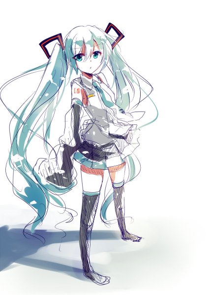 Anime picture 850x1200 with vocaloid hatsune miku asanagi kurumi (panda-doufu) single tall image fringe simple background hair between eyes white background twintails looking away full body long sleeves very long hair aqua eyes from above aqua hair shadow zettai ryouiki sketch