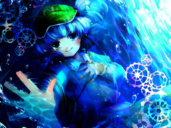 Anime picture 1000x750 with touhou kawashiro nitori hanada hyou looking at viewer blush short hair smile twintails blue hair heterochromia short twintails underwater girl hat hands gears