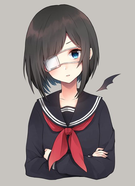 Anime picture 2672x3696 with original ria (akl14) single tall image looking at viewer fringe highres short hair blue eyes black hair simple background upper body head tilt grey background crossed arms girl uniform serafuku eyepatch