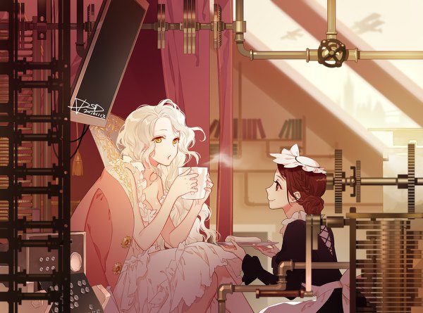 Anime picture 1200x890 with original psd (pixiv) long hair blonde hair smile brown hair sitting bare shoulders multiple girls holding brown eyes signed yellow eyes looking away upper body bent knee (knees) indoors long sleeves profile off shoulder