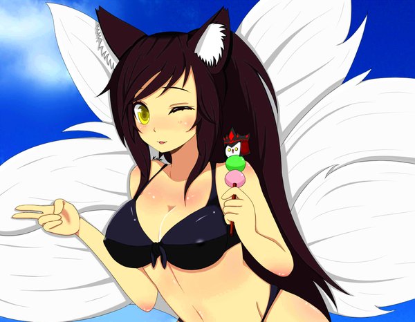 Anime picture 2000x1556 with league of legends ahri (league of legends) karthus (league of legends) kansokusha long hair highres breasts light erotic brown hair large breasts animal ears yellow eyes sky cloud (clouds) one eye closed wink fox tail multiple tails girl navel