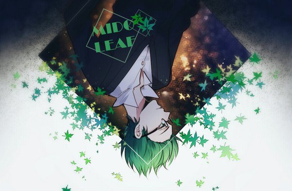 Anime picture 990x650 with kuroko no basket production i.g midorima shintarou kurasaki ken single short hair green eyes looking away upper body profile green hair open collar upside down boy glasses leaf (leaves) maple leaf