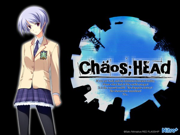 Anime picture 1024x768 with chaos;head kishimoto ayase short hair blue hair thighhighs skirt tagme