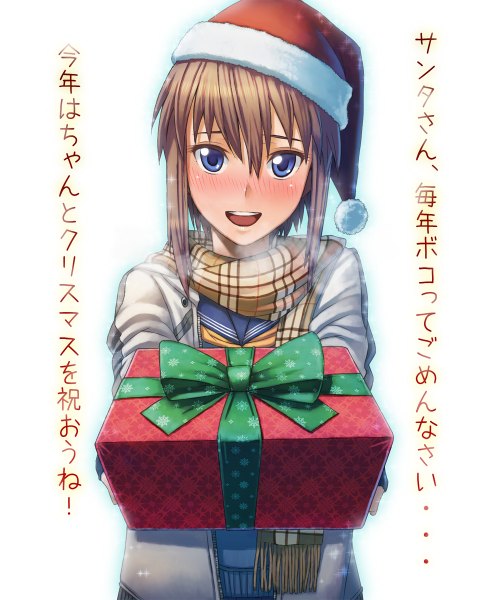 Anime picture 1000x1200 with original itou (onsoku tassha) single tall image looking at viewer blush short hair open mouth blue eyes brown hair fur trim christmas merry christmas girl uniform bow school uniform hat scarf fur