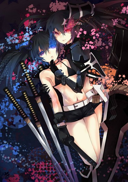 Anime picture 744x1052 with black rock shooter black rock shooter (character) insane black rock shooter rain lan long hair tall image looking at viewer open mouth black hair red eyes twintails purple eyes multiple girls hug glowing scar glowing eye (eyes) girl gloves weapon