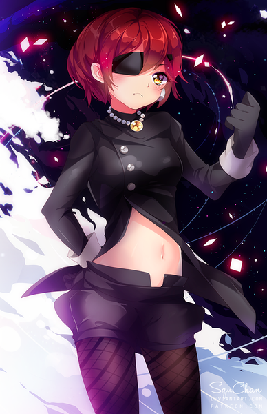 Anime picture 809x1250 with gaia online squchan single tall image blush short hair signed yellow eyes red hair bare belly hand on hip smoke girl navel pantyhose shorts star (stars) eyepatch necklace beads