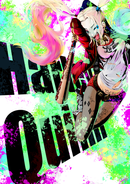 Anime picture 1158x1637 with batman suicide squad dc comics harley queen sukoshisukunai single long hair tall image open mouth blue eyes light erotic blonde hair smile twintails holding signed one eye closed wink inscription open jacket