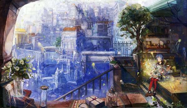 Anime picture 1483x860 with original neyagi short hair blue eyes wide image blue hair city cityscape detailed girl flower (flowers) plant (plants) tree (trees) book (books) building (buildings) jellyfish
