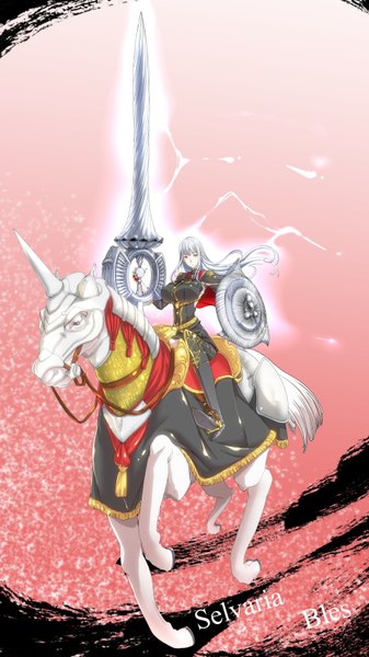 Anime picture 900x1600 with valkyria chronicles selvaria bles ebido long hair tall image breasts red eyes sitting silver hair huge breasts girl weapon animal belt armor knee boots shield