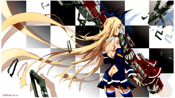 Anime picture 1920x1080 with original dxyuki2009 (pixiv) long hair highres blonde hair wide image bare shoulders from behind black eyes back checkered background mechanical dress detached sleeves