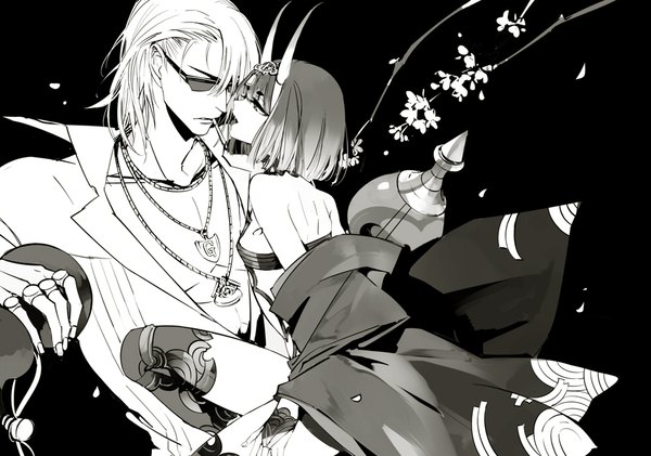 Anime picture 995x699 with fate (series) fate/grand order shuten douji (fate) sakata kintoki (fate/grand order) zmore fringe short hair open mouth light erotic simple background bare shoulders profile horn (horns) fingernails off shoulder black background monochrome face to face oni horns oni