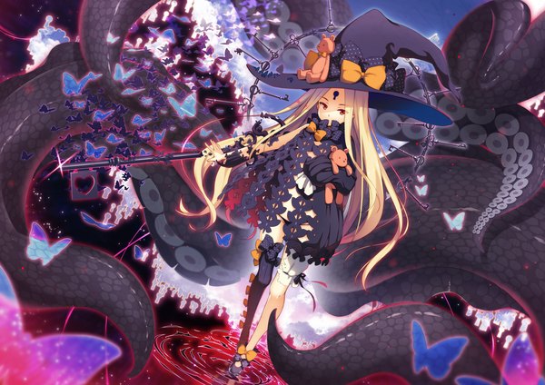 Anime picture 2339x1654 with fate (series) fate/grand order abigail williams (fate) abigail williams (second ascension) (fate) yuzu modoki single long hair looking at viewer highres light erotic blonde hair red eyes standing holding full body covered mouth ripples girl thighhighs dress