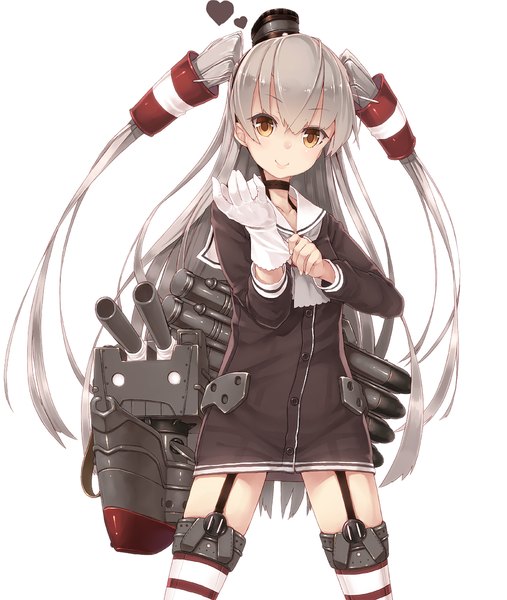 Anime picture 1000x1182 with kantai collection amatsukaze destroyer rensouhou-kun takuan0907 long hair tall image looking at viewer blush light erotic simple background smile white background brown eyes grey hair two side up girl thighhighs dress gloves hair ornament