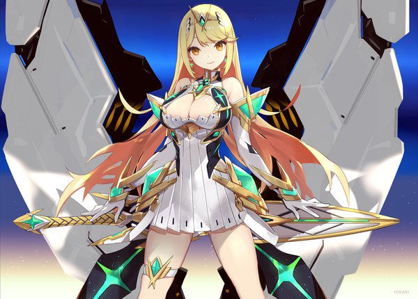 Anime picture 1900x1362 with xenoblade xenoblade 2 mythra (xenoblade) kiwamu single long hair looking at viewer highres breasts blue eyes light erotic blonde hair large breasts bare shoulders yellow eyes cleavage character names girl gloves weapon