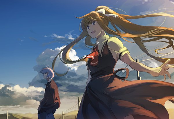 Anime picture 1750x1200 with air key (studio) kamio misuzu kunisaki yukito hanno long hair looking at viewer highres short hair blue eyes blonde hair looking away sky silver hair cloud (clouds) ponytail wind hands in pockets girl dress