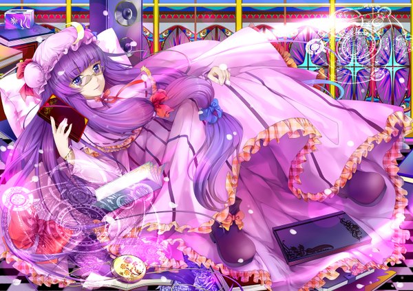 Anime picture 1425x1008 with touhou patchouli knowledge hongmao single long hair looking at viewer blue eyes purple hair lying magic girl dress bow hair bow glasses frills book (books) bonnet magic circle