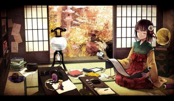Anime picture 1536x900 with touhou hieda no akyuu nerisuke single short hair brown hair wide image sitting eyes closed japanese clothes hair flower letterboxed detailed girl hair ornament plant (plants) headphones book (books) paintbrush sliding doors