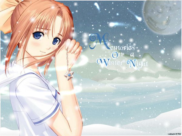 Anime picture 1024x768 with after after sweet kiss shiomiya kanami tony taka elli single blush short hair blue eyes brown hair signed ponytail light smile wallpaper snowing winter snow third-party edit girl bow