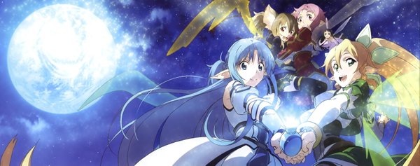 Anime picture 6035x2385 with sword art online a-1 pictures yuuki asuna leafa silica yui (sao) lisbeth asuna (sao-alo) long hair highres open mouth blue eyes blonde hair smile brown hair wide image multiple girls green eyes blue hair pink hair