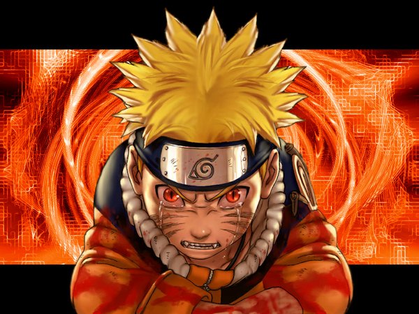 Anime picture 1024x768 with naruto studio pierrot naruto (series) uzumaki naruto single looking at viewer blonde hair upper body orange eyes fang (fangs) facial mark black background whisker markings serious clenched teeth jinchuriki spiked hair orange background boy zipper