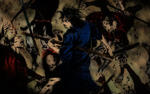 Anime picture 2560x1600 with vagabond miyamoto musashi highres wide image blood spear