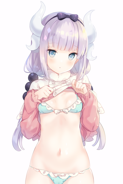 Anime picture 2176x3260 with kobayashi-san chi no maidragon kyoto animation kanna kamui hitsukuya single long hair tall image looking at viewer blush fringe highres blue eyes light erotic simple background white background twintails silver hair blunt bangs horn (horns) :o