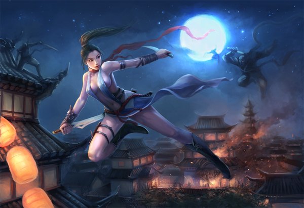 Anime picture 1723x1181 with redpeggy long hair highres open mouth brown hair ponytail looking back realistic night smoke flying architecture east asian architecture girl boy navel weapon bracelet scarf building (buildings)