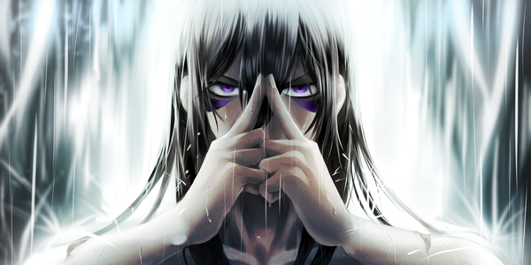 Anime picture 2100x1050 with one-punch man madhouse onsoku no sonic kkuwa single long hair looking at viewer highres black hair hair between eyes wide image purple eyes wet facial mark hands clasped waterfall boy water