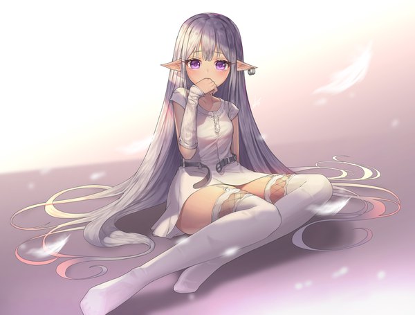 Anime picture 2000x1517 with original lee seok ho single looking at viewer blush fringe highres sitting purple eyes silver hair full body bent knee (knees) blunt bangs very long hair arm up pointy ears arm support no shoes gradient background piercing