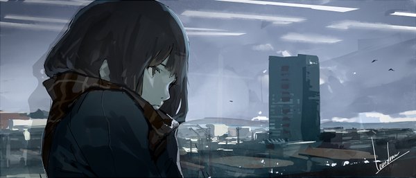 Anime picture 1400x600 with original loundraw single fringe short hair wide image signed sky profile black eyes city cityscape dark hair girl scarf