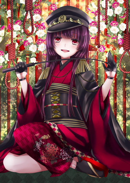 Anime picture 637x900 with original hiroharu single long hair tall image looking at viewer blush fringe smile red eyes sitting holding purple hair bent knee (knees) blunt bangs traditional clothes parted lips japanese clothes wide sleeves floral print