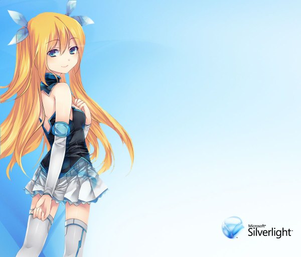 Anime picture 1200x1024 with os-tan microsoft aizawa hikaru single long hair blue eyes simple background blonde hair bare shoulders looking back from behind girl thighhighs