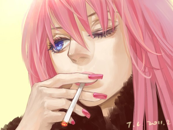 Anime picture 1920x1440 with vocaloid megurine luka kurenai suzu single fringe highres blue eyes pink hair nail polish one eye closed fingernails lips wink lipstick portrait face long fingernails eyeshadow smoking makeup