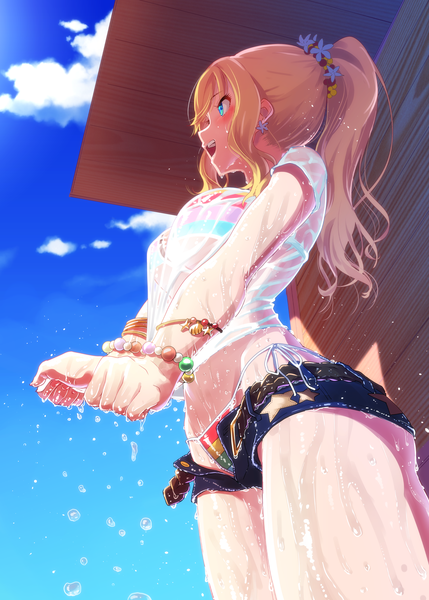 Anime picture 1332x1864 with idolmaster idolmaster cinderella girls ootsuki yui maru (sara duke) single long hair tall image open mouth light erotic blonde hair standing payot looking away sky cloud (clouds) ponytail profile aqua eyes sunlight shadow