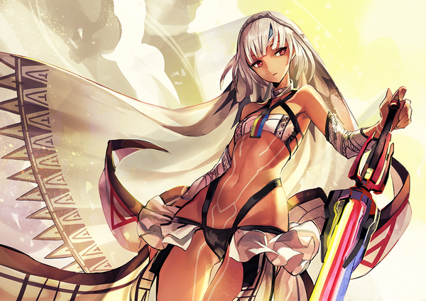 Anime picture 1160x820 with fate (series) fate/grand order altera (fate) yoshimo (yoshimo1516) single short hair open mouth light erotic red eyes standing bare shoulders holding looking away white hair midriff thighs dark skin bodypaint girl navel