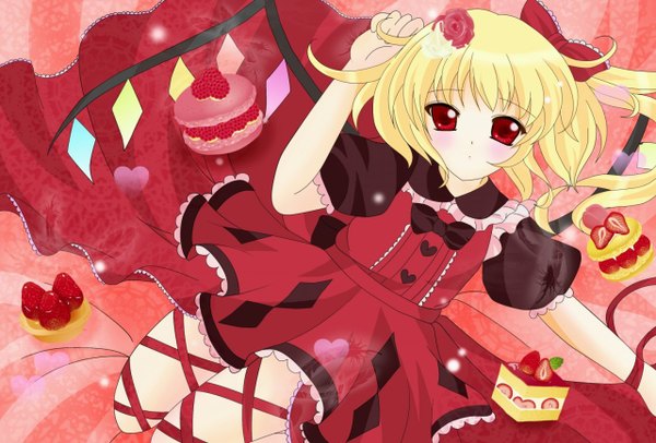 Anime picture 1280x868 with touhou flandre scarlet single blonde hair red eyes hair flower loli one side up girl hair ornament bow ribbon (ribbons) hair bow wings food sweets berry (berries) cake strawberry