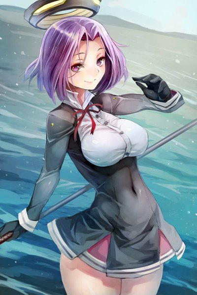 Anime picture 1133x1700 with kantai collection tatsuta light cruiser taishi (picchiridou) single tall image looking at viewer short hair breasts smile large breasts purple eyes holding purple hair covered navel girl dress gloves navel ribbon (ribbons) black gloves