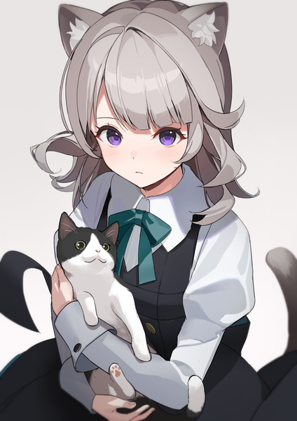 Anime picture 1191x1684 with genshin impact lynette (genshin impact) misuzu0342 single long hair tall image simple background purple eyes animal ears tail animal tail from above grey hair cat ears grey background cat girl cat tail alternate costume alternate hairstyle girl