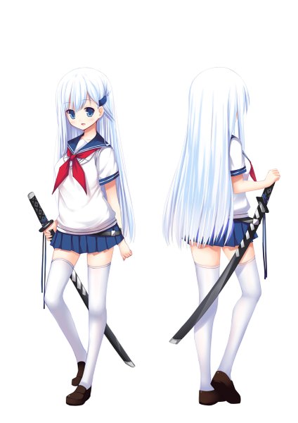 Anime picture 849x1200 with original aixioo long hair tall image blush open mouth blue eyes simple background white background white hair zettai ryouiki dual persona girl thighhighs weapon white thighhighs sword serafuku katana
