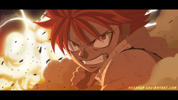Anime picture 2000x1125 with fairy tail natsu dragneel marxedp single highres short hair wide image brown eyes pink hair sweat sleeveless grin coloring close-up angry explosion boy scarf fire fist
