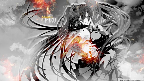 Anime picture 1600x900 with vocaloid hatsune miku long hair wide image twintails monochrome girl detached sleeves