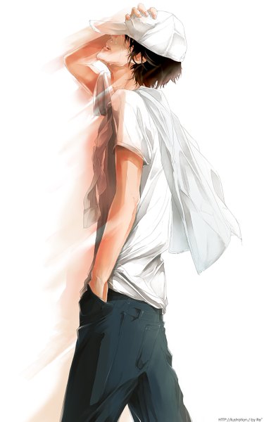 Anime picture 886x1419 with original re (artist) single tall image short hair open mouth black hair simple background white background hand in pocket boy pants t-shirt flat cap