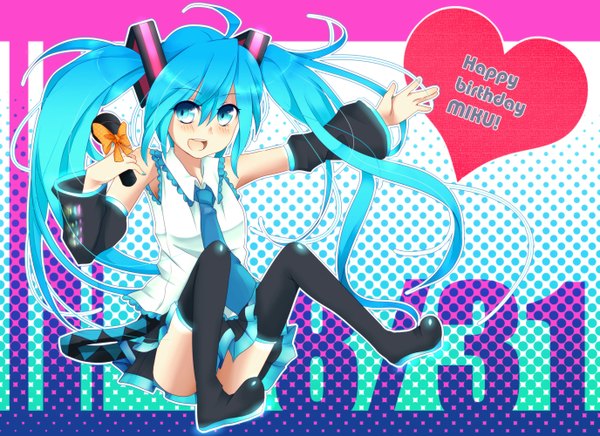 Anime picture 1376x1000 with vocaloid hatsune miku single long hair open mouth twintails aqua eyes aqua hair inscription happy birthday girl thighhighs detached sleeves heart thigh boots microphone