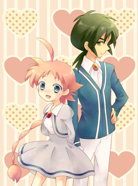 Anime picture 1000x1350 with princess tutu ahiru arima fakir (tutu) kai aki (artist) long hair tall image blush open mouth green eyes pink hair ahoge profile aqua eyes green hair hand on hip hands behind back striped background girl dress boy